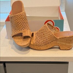 BareTraps Tan Woven Cork Slide Wedges